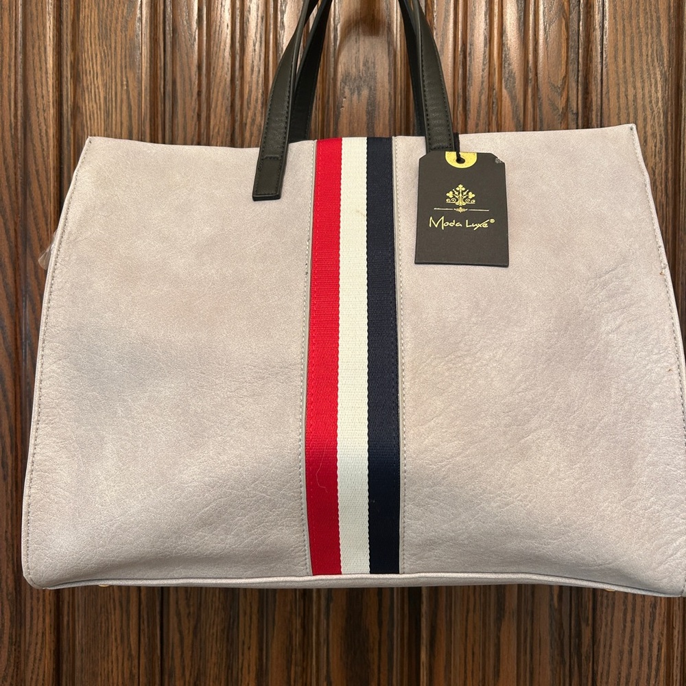 Moda Luxe Gray Tote with Red and Black Accents